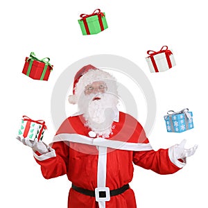 Santa Claus throwing Christmas gifts isolated