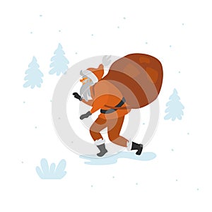Santa claus tiptoe walking with sack of presents isolated vector illustration