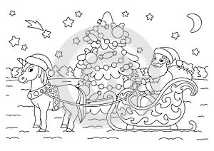 Santa Claus and the unicorn are carrying gifts on a Christmas sleigh. Coloring book page for kids. Cartoon style character. Vector