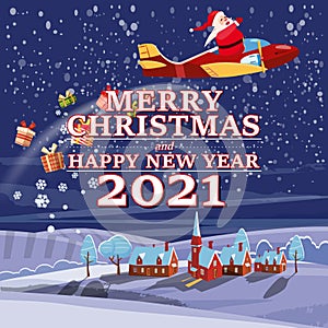 Santa Claus Van with text Merry Chrismas and Happy New Year 2021 flying in plane on night winter town delivering