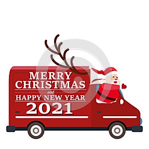 Santa Claus Van with text Merry Christmas and Happy New Year 2021 delivering shipping gifts. Flat cartoon style vector