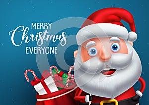Santa claus vector character and merry christmas greeting in a blue background banner