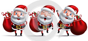 Santa claus vector character set carrying full sack of christmas gifts