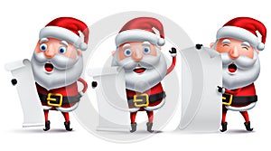 Santa claus vector character set holding blank white paper of christmas wish list