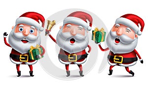 Santa claus vector character set holding christmas gifts, bell and surprise