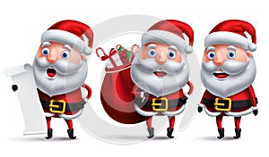 Santa claus vector character set holding wish list and carrying bag