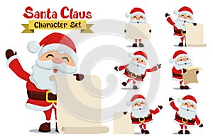 Santa claus vector character set. Santa christmas cartoon characters in different standing pose and gestures holding wish list.