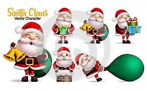 Santa claus vector character set. Santa claus characters in different gift giving pose and gestures isolated in white background.