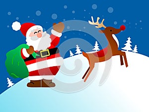 Santa Claus with a green sack is going to distribute gifts with a reindeer photo