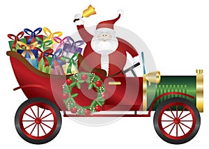 Santa Claus on Vintage Car Delivering Presents Ill