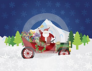 Santa Claus on Vintage Car with Presents Night Sno