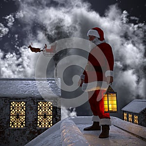 Santa Claus walking on the rooftop and chimneys on Christmas night with moonlight. A sleigh with reindeer in the sky