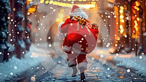 Santa Claus walking through snowy street with sack of gifts. Festive Christmas Eve scene, holiday spirit. Seasonal