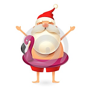 Santa Claus wearing flamingo swim ring - summer Christmas vector illustration isolated on white background