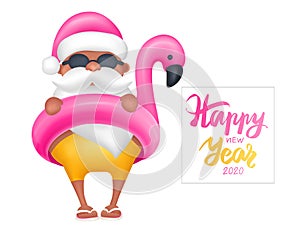 Santa Claus wearing flamingo swim ring. Tropical Christmas. Vector illustration.