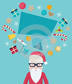 Santa Claus wearing glasses with a speech bubble