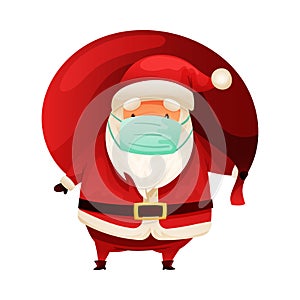 Santa Claus wearing protective face mask carrying red bag of gifts. Christmas card, banner, flyer design cartoon vector