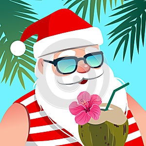 Santa Claus wearing sunglasses, with coconut drink against tropical palm trees background. Christmas and New Year holiday
