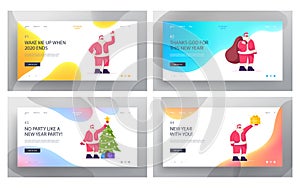 Santa Claus Website Landing Page Set. Christmas Character Ringing Bell, Decorating Xmas Tree, Holding Bag with Gifts