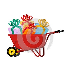 Santa Claus Wheelbarrow and gifts. Xmas grounds trolley. Christmas and new year. Vector illustration