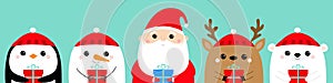 Santa Claus White bear Snowman Raindeer Deer Penguin bird face icon set. Holding gift box. Merry Christmas. New Year. Cute cartoon