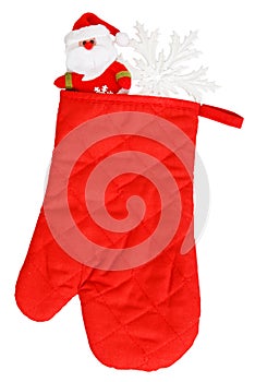 Santa Claus and white snowflake in red heat protective mitten