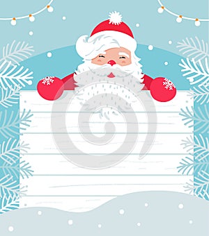 Santa Claus with White Wooden Board for Sign or Invitation to Christmas Event. Winter Snowy Backgound. Vector