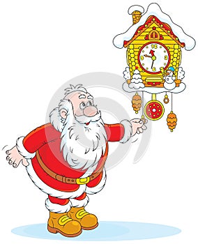 Santa Claus winds a cuckoo-clock