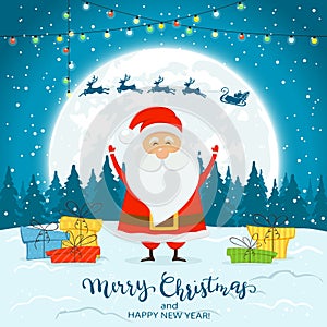 Santa Claus on Winter Background with Gifts and Deer