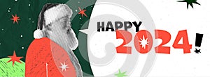 Santa Claus wishes you a Merry Christmas and a happy new 2024 year. Collage style with hand drawn elements. Speech