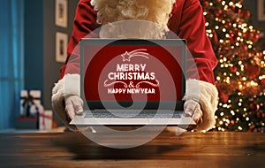 Santa Claus wishing Merry Christmas on a laptop