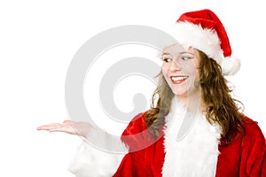 Santa Claus woman hols hand for advertisement sign