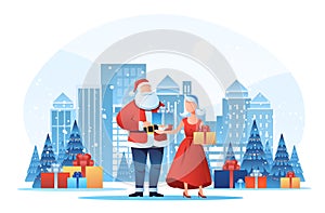 santa claus with woman in red dress holding wrapped gifts new year holidays celebration concept cityscape background