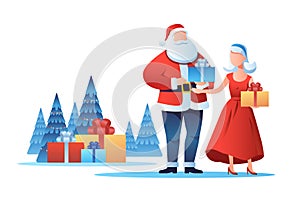 santa claus with woman in red dress holding wrapped gifts new year holidays celebration concept horizontal
