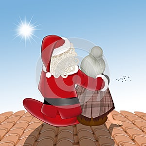 Santa Claus and woman sitting on the roof