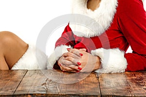 Santa Claus woman with white background and empty space for your decoration. Christmas time.