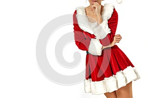 Santa Claus woman with white background and empty space for your decoration. Christmas time.