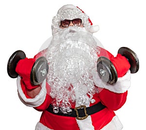 Santa Claus working out with two dumbbells and doing bicep curls. Santa is pushing it really hard. Santa wearing sunglasses and a
