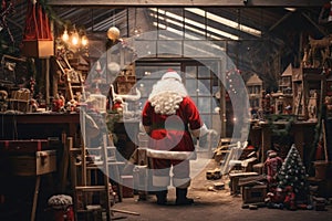 Santa Claus works diligently, creating and wrapping toys in his festive workshop