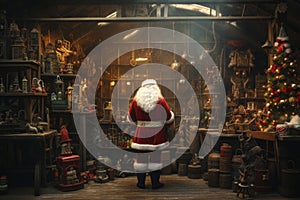 Santa Claus works diligently, creating and wrapping toys in his festive workshop