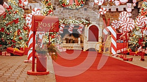 Santa Claus workshop, wrapped gifts presents boxes on holiday ev