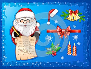 Santa-Claus writing on scroll with Christmas icons