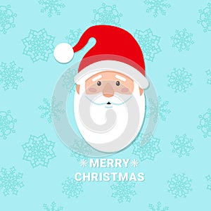 Santa Claus 's head on a blue background with the text merry Christmas . Seamless blue background with snowflakes.