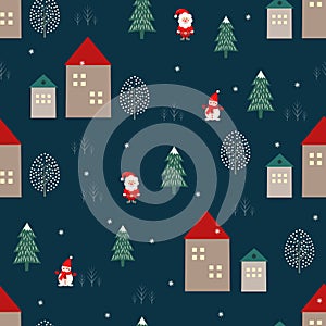 Santa Claus, xmas tree, houses and snowman seamless pattern on blue background.