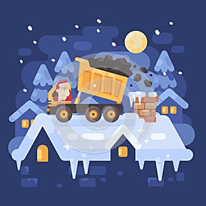 Santa Claus in a yellow tipper truck on a rooftop unloading coal