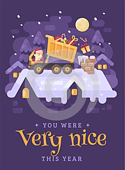 Santa Claus in a yellow tipper truck on a rooftop unloading presents into the chimney of a very nice kid. Christmas character