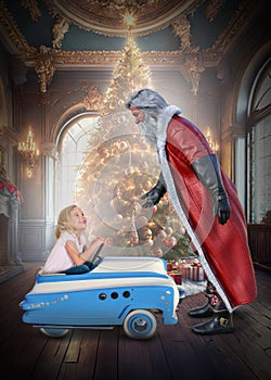 Santa Claus, Young Girl, Toys, Toy Car