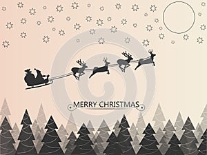 Santa Clause on deer sleigh flying over the forest in the night over the stars and the moon. Vector illustration.