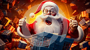 Santa clause holding shopping cart and giving thumbs - up sign. Generative AI