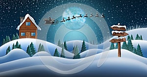 Santa Clause and Reindeers Sleighing Through Christmas Night Over the Snow Fields